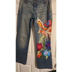 SWITCH USA Jeans artsy embroidered bird floral Boho 28 Embroidery‎ Art To Wear